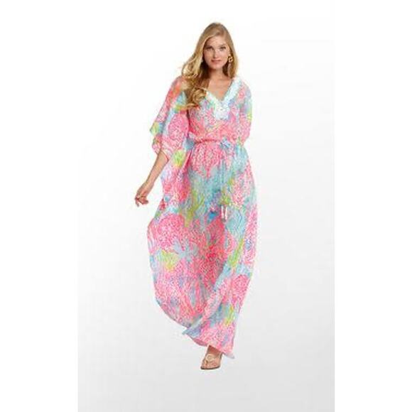 Lilly Pulitzer Coleman Caftan Let’s Cha Cha Size Small Pink Beaded Maxi RARE - Picture 4 of 13